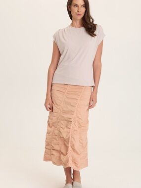 XCVI Fold Over Waistband Maxi Peasant Gored Skirt Burnished Caramel Pigment